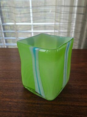 VTG Pier One Art Glass Square Vase Tealight holder 5 1/8"